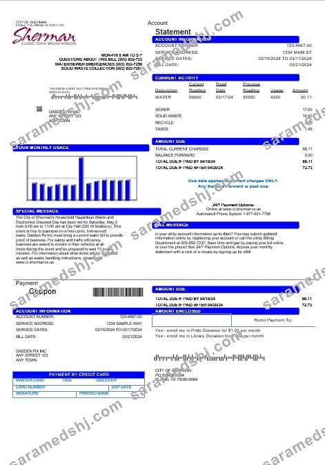 USA City of Sherman business utility bill template in Word and PDF formats